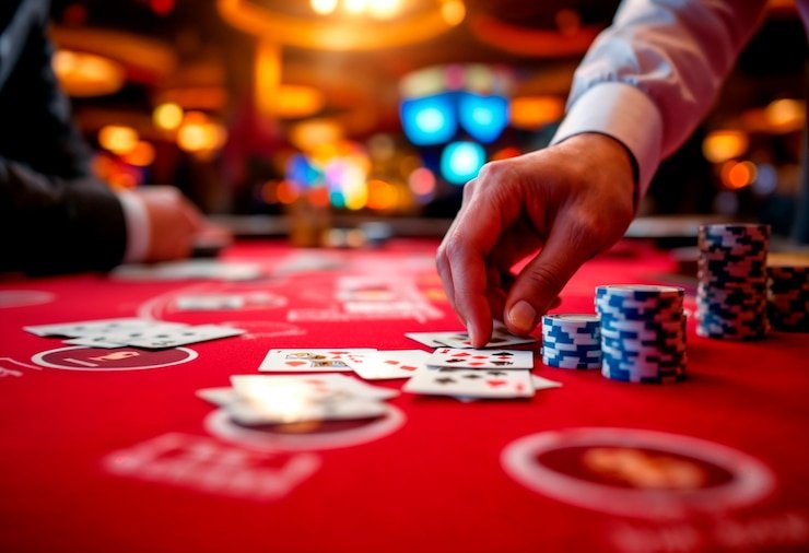 Meja Blackjack dengan dealer dan pemain di platform olx89
